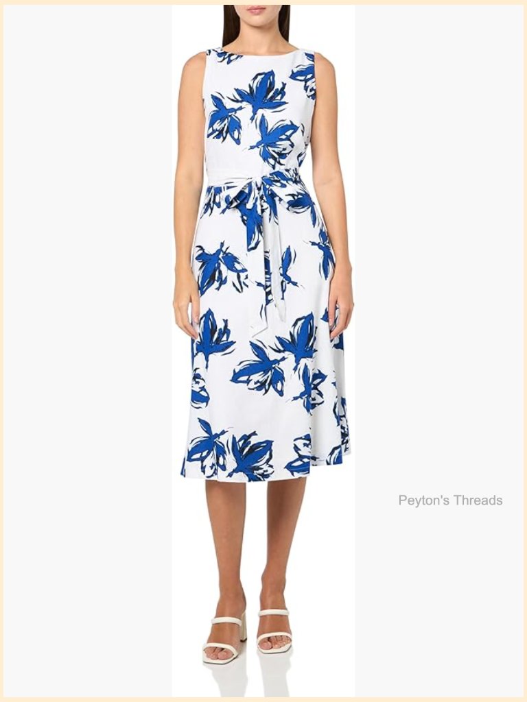 Fit And Flare Midi Dress - V-Neck Sleeveless Floral Linen Blend